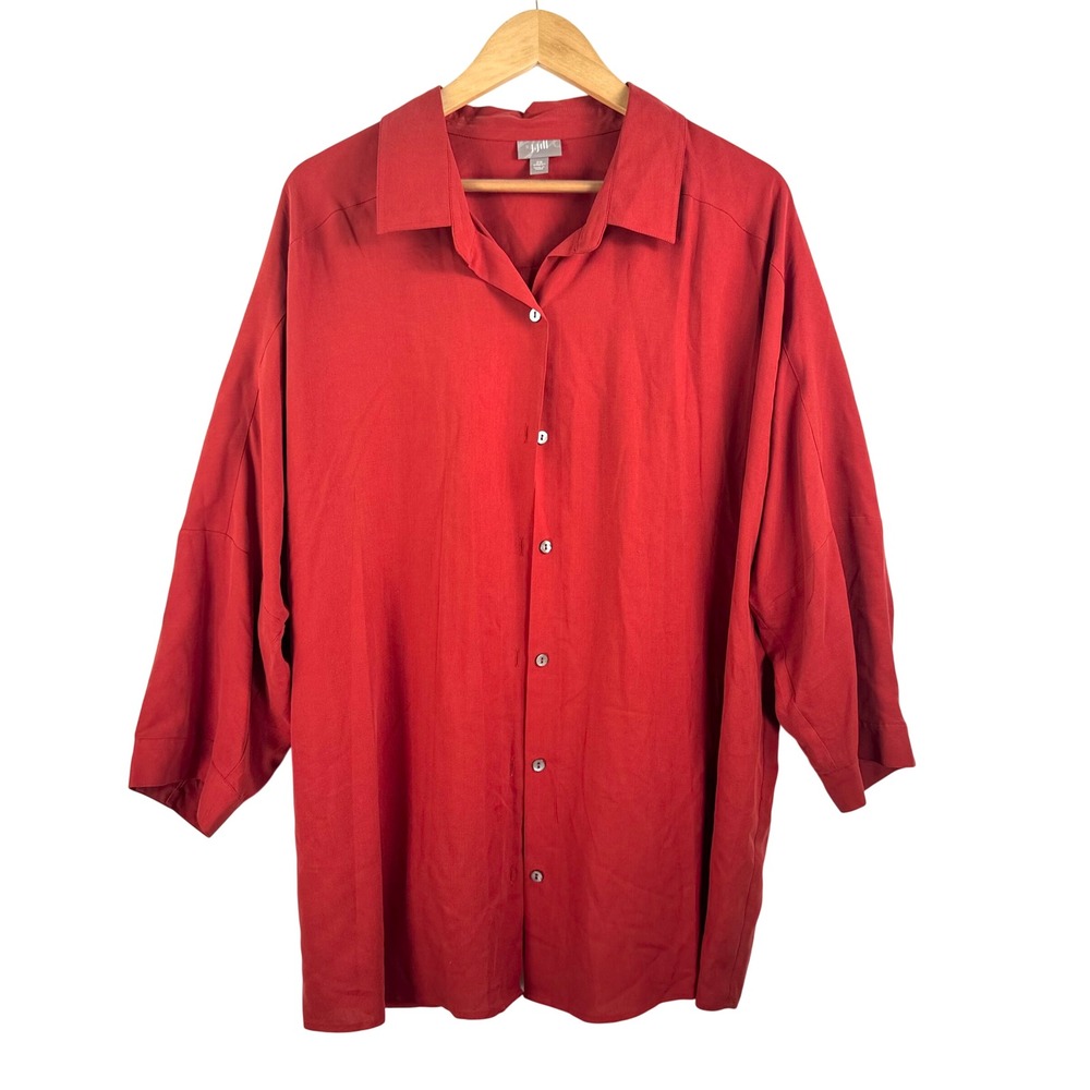 J. Jill Button Down Shirt sz 2X Red Silk Blouse Lagenlook Oversized 90s casual